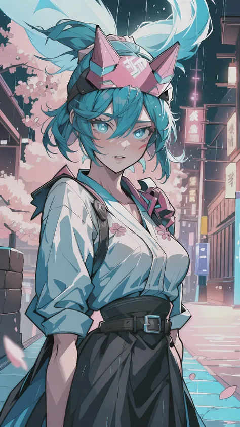 (masterpiece, best quality), tokyo, night, rain, ghosts, <lora:retrowave_0.12:0.5>, BREAK, 1lady, headgear, solo, sakura blossom, solo, a green hair, a blue luminous eyes, facial mark, school uniform, black skirt, artstation, dynamic, charming, magical, un...