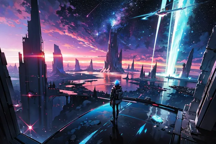 Breath-taking, panoramic, (twilight hues), (a magnificent Sci-Fi Rendering, Galactic Oasis), shimmering alien lakes, crystal mountains:2 starship ruins:0.3, solar flare phoenix:0.5, meteor showers, pulsating auroras:3, alien horizons, interstellar phenomen...