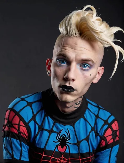 play-doh style photo, dark theme, worms eye view,
man with scars , blonde side buns, blue eyes, punk shirt with spiderweb_structure, old messy clothes with shoulder pats,
non shaved cheeks, looking to viewer, black lipstick . sculpture, clay art, centered ...