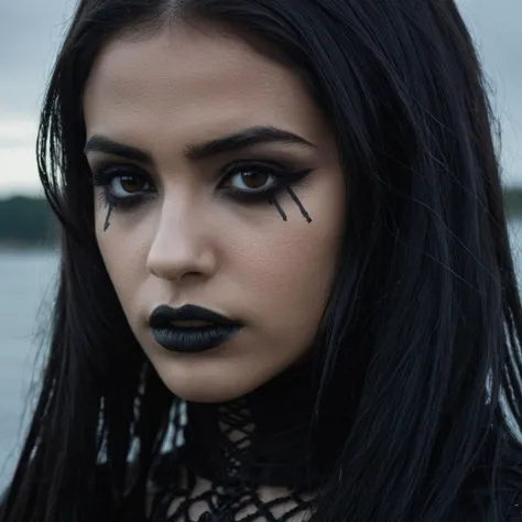 a close up of a woman with black makeup and a black choker