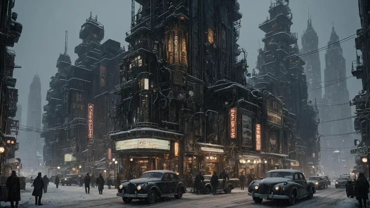 street scene of a (Oilpunk:1.3) metropolis. evening, snowing.
(intricate sharp details:1.5), ultra high res