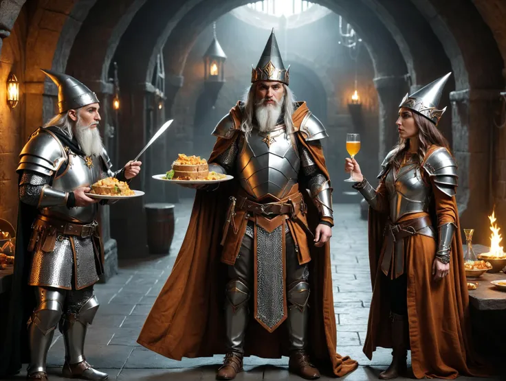 3 people, male human Wizard wearing robes and a wizard hat, female elf Rogue wearing leather armor, male dwarf Warrior wearing chain mail armor, in a dungeon, sharing food together, high fantasy style, Frazetta style, <lora:RMSDXL_Enhance:3>