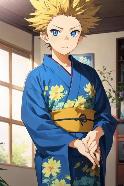 masterpiece, best quality, wallpaper, 1boy, solo, male focus, looking at viewer, , , <lora:takeshi_aiza:0.72>, takeshi_aiza, blonde hair, blue eyes, spiked hair, yukata,