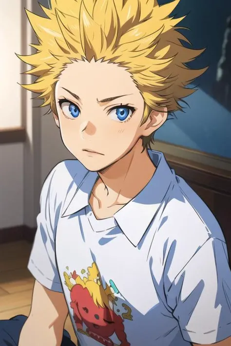 masterpiece, best quality, photorealistic, 1boy, solo, male focus, looking at viewer, upper body, depth of field, <lora:takeshi_aiza:0.64>, takeshi_aiza, blonde hair, blue eyes, spiked hair, pajamas,