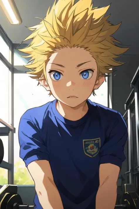 masterpiece, best quality, sketch, 1boy, solo, male focus, looking at viewer, upper body, depth of field, <lora:takeshi_aiza:0.68>, takeshi_aiza, blonde hair, blue eyes, spiked hair, gym uniform,