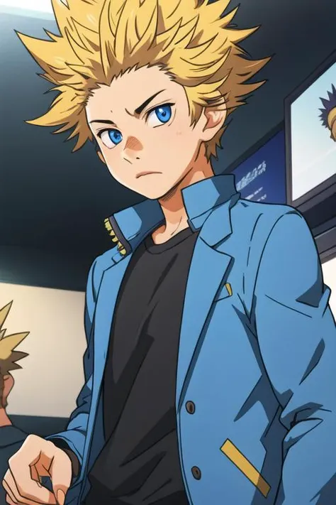 masterpiece, best quality, game cg, 1boy, solo, male focus, looking at viewer, upper body, depth of field, <lora:takeshi_aiza:0.74>, takeshi_aiza, blonde hair, blue eyes, spiked hair, jacket,