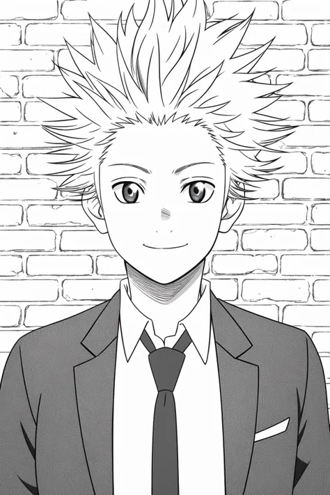 masterpiece, best quality, takeshi_aiza, lineart, monochrome, 1boy, portrait, upper body, against wall, brick wall, spiked hair, light smile, jacket, dress shirt, necktie,