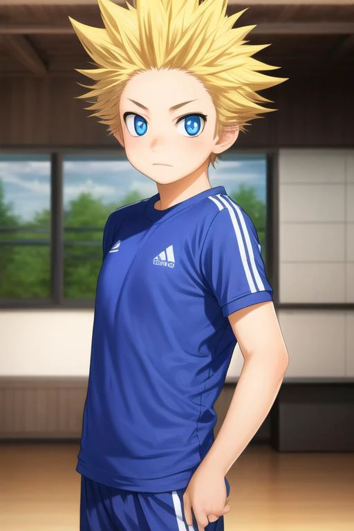 masterpiece, best quality, photorealistic, 1boy, solo, male focus, looking at viewer, , depth of field, <lora:takeshi_aiza:0.70>, takeshi_aiza, blonde hair, blue eyes, spiked hair, sportswear,