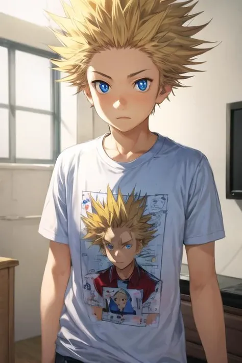 masterpiece, best quality, sketch, 1boy, solo, male focus, looking at viewer, , depth of field, <lora:takeshi_aiza:0.68>, takeshi_aiza, blonde hair, blue eyes, spiked hair, shirt,