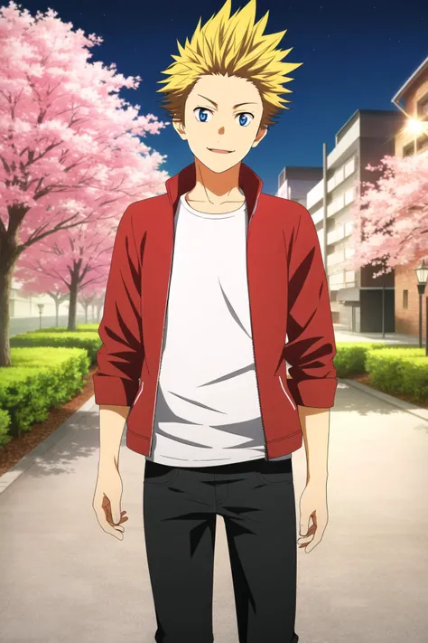 masterpiece, best quality, takeshi_aiza, night, 1boy, solo, standing, cowboy shot, looking at viewer, spiked hair, blonde hair, light smile, (casual, red jacket, open jacket, white t-shirt), black pants, park, cherry tree,