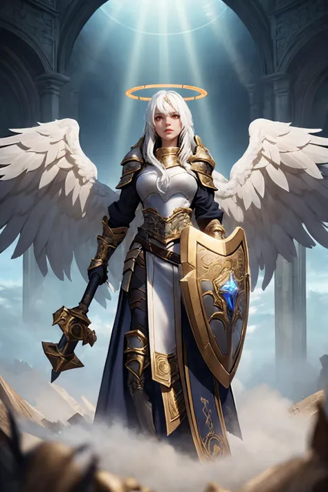 a woman with white hair and wings holding a sword