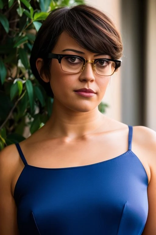 a close up of a woman wearing glasses and a blue dress