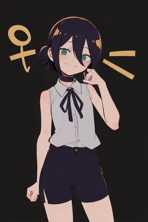 anime girl with green eyes and black hair in a white shirt