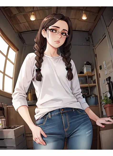 ((best quality)), ((highly detailed)), masterpiece, , (1girl), (glasses), fisheye lense, cowboy shot, country girl, long hair, low twin braids, freckles, muscular, jeans, plaid shirt, on a farm, (inside, at a garage), <lora:Baalbuddy_style_v01:1>