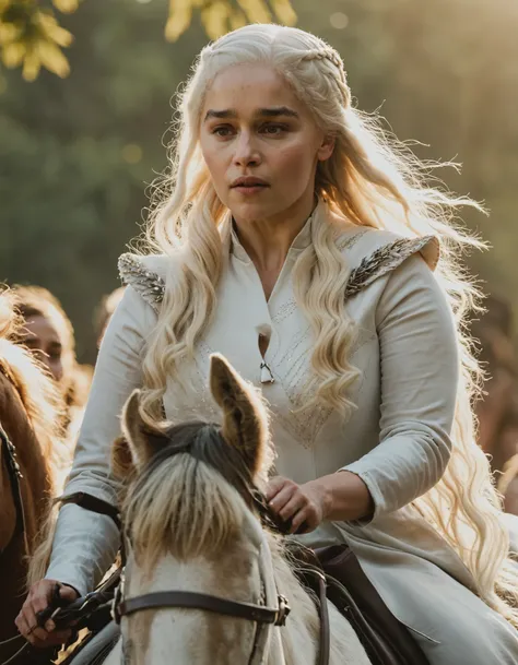 high resolution photo close-up of dae woman with long braided white hair,she is wearing white gown and she is riding a horse,golden hour,natural lighting and extreme bokeh,film grain,the background is super detailed,the shot is cinematic