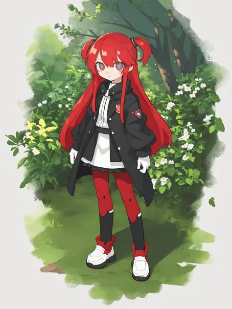 anime girl in a black jacket and red pants standing in a field