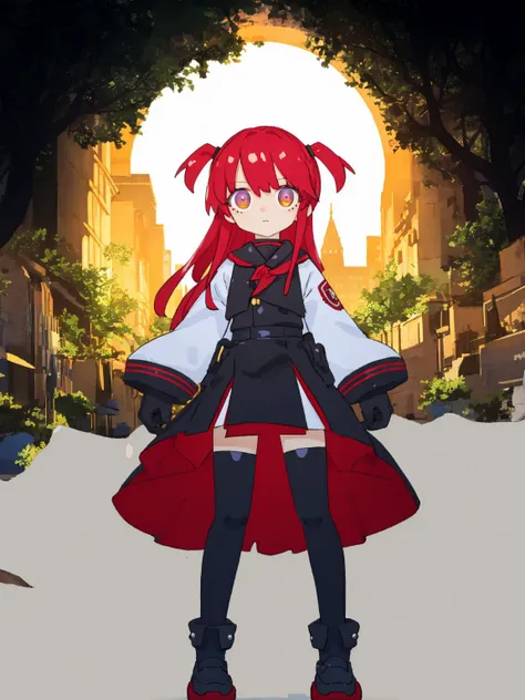 anime girl in red and black outfit standing in a city