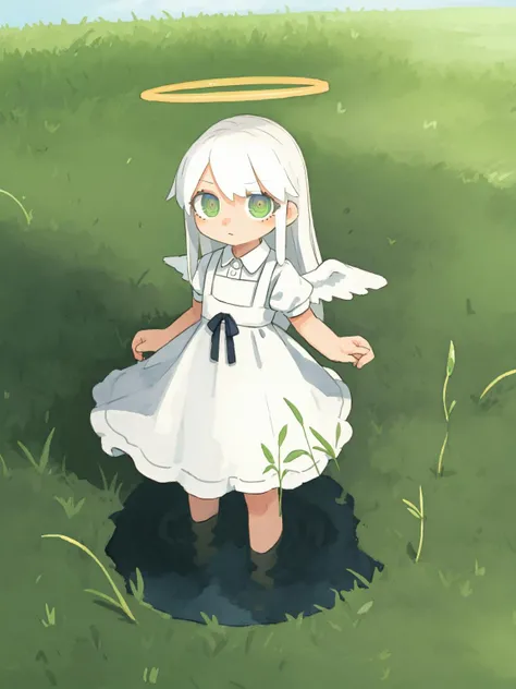 best quality,alter,1girl, angel, angel wings, blue eyes, dress, expressionless, fish, grass, halo, long hair, looking at viewer, painting (medium), solo, surreal, tall grass, traditional media, water, watercolor (medium), white dress, white hair, wings, <l...