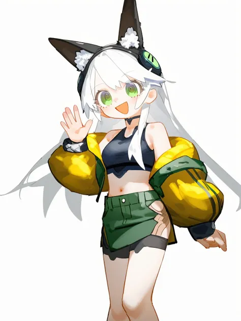 lvzi,1girl,solo,green eyes,smile,:d,long hair,white hair,animal ears,animal ear fluff,eyebrows visible through hair,medium breasts,navel,bare shoulders,yellow jacket,off shoulder,crop top,midriff,yellow skirt,hand up,waving,cropped legs,simple background,b...