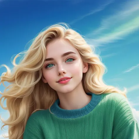 A youthful woman in her twenties, embracing a casual style with jeans and a cozy sweater, her long blonde hair in loose waves, framed by expressive green eyes and softly arched eyebrows, emanating a friendly and approachable expression, happy, closed mouth...