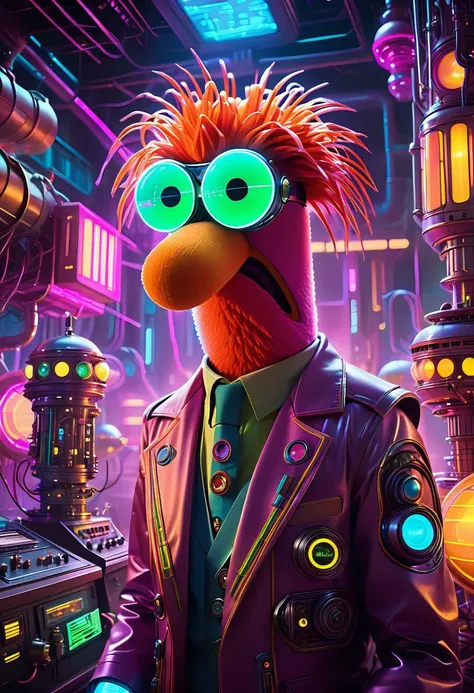 Behold the cyberpunk Beakerloraxl_Muppet, a fusion of 80s nostalgia and futuristic flair, neon attire, synthesizers hum softly in the background adding to the synthwave ambiance that pervades this scene, retro sci-fi films and television shows, hints of st...