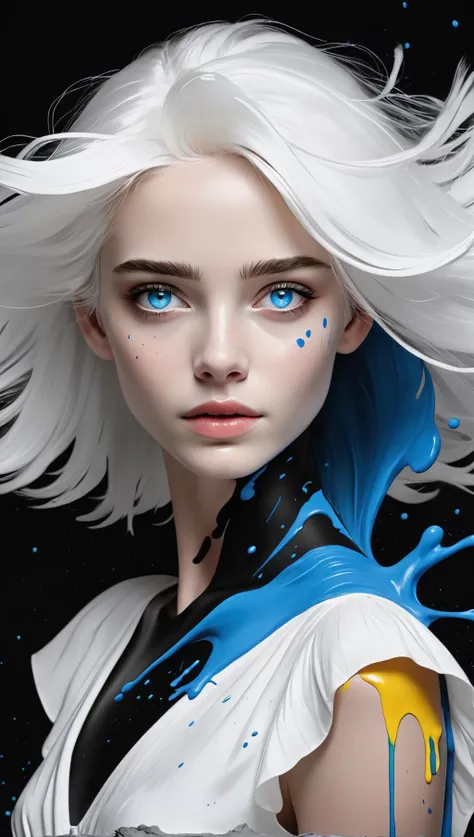 a woman with white hair and blue eyes is in a white dress with a black background and a splash of paint,