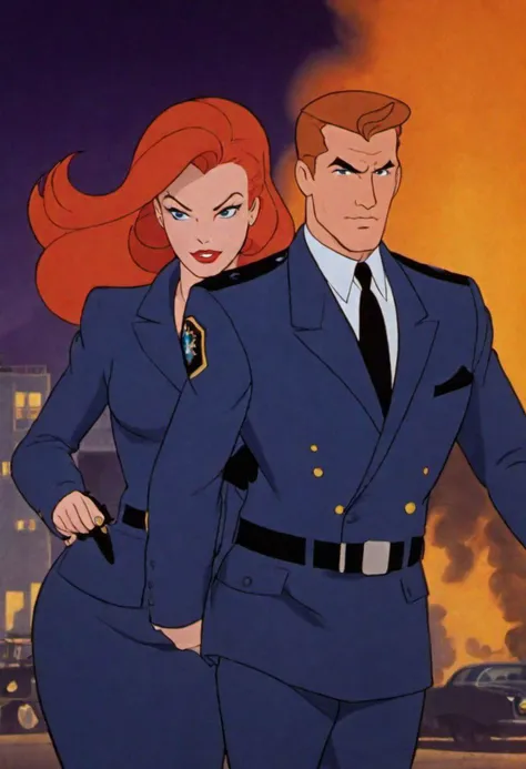 Drawn by Bruce Timm animated series, full-length, creates a couple of beautiful and exuberant women, a ginger redhead, with wavy hair, and another blonde woman with long hair that covers part of her face, both are dressed in a suit of secret super agent, g...