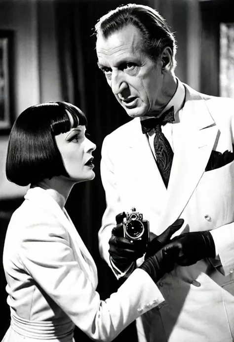 Night in 1922 night interior mancion, photograph taken with a 35 mm camera inside in black and white. ,A middle-aged man (Vincent Price), mad scientist in a white suit and black rubber gloves, talks to a woman (Louise Brooks) captured in motion with motion...