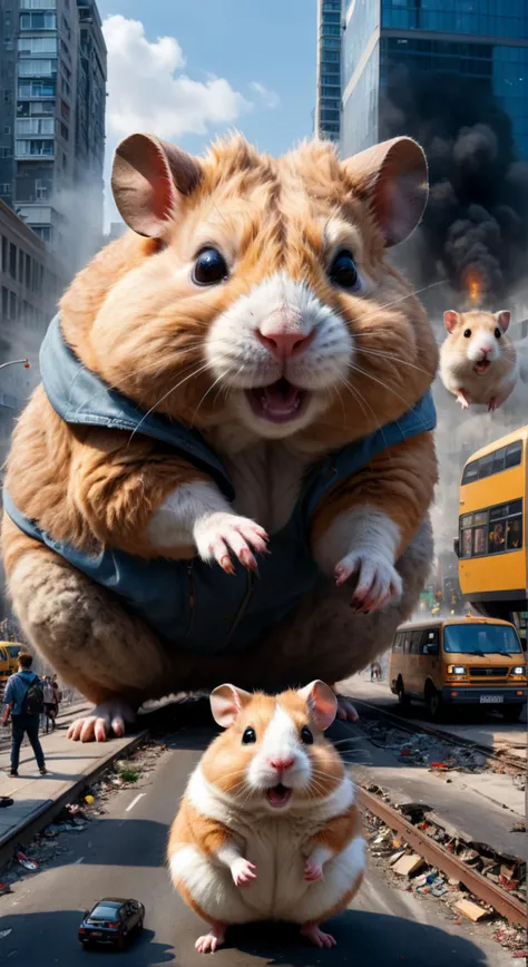 hyper realistic photo, 8k, a huge giant hamster creature destroying the city with a people standing in front of it , cars, bus, train,  <lora:otherworldyXL-32-1-0357:1> <lora:xl_more_art-full_v1:1>