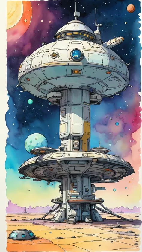 anime sketch of a small space station with a single landing pad, (in space), art style of moebius and studio ghibli, pen and watercolor, 2d, bright colors, saturated colors, sun, space, stars backdrop, small space ship on the landing pad, habitation ring