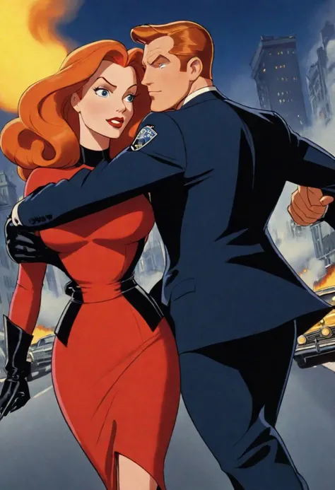 Drawn by Bruce Timm animated series, full-length, creates a couple of beautiful and exuberant women, a ginger redhead, with wavy hair, and another blonde woman with long hair that covers part of her face, both are dressed in a suit of secret super agent, g...