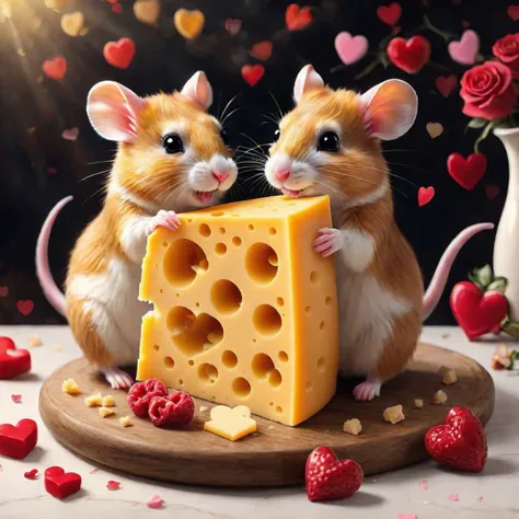 mice celebrating valentines day together, sharing a heart shaped piece of cheese.