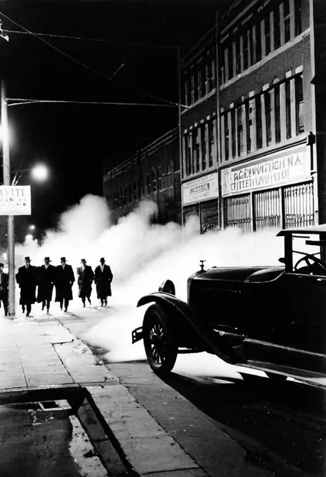 Night in 1922 exterior night  photograph taken with a 35 mm camera outdoors in black and white. ,a shootout between a gang of gangsters captured in motion with motion blur, with a 35mm camera...