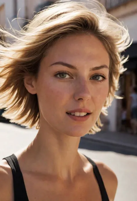 Create a photo taken with the front camera of an iPhone 15. An ultra-realistic and detailed photo of a beautiful woman, with short dark blonde hair, captured in motion on a street in ibiza, With motion blur, it is captured in natural daylight.