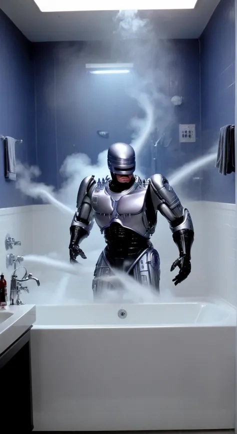 8k hi-res ((zoomed-out, low-focal length, wide field of view), large detailed bathroom interior:1.2), (full-body photo) of the robocop fighting with giant octopus, steam from bathroom, very hot, bathroom interior, detailed masterpiece,  movie still, film s...