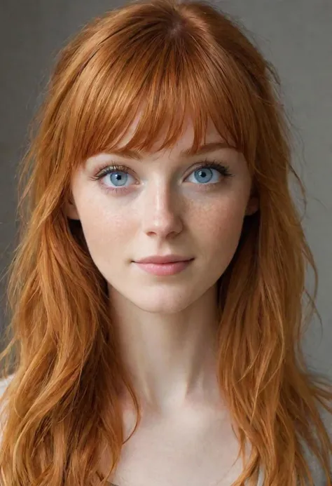 a close up of a woman with long red hair and blue eyes