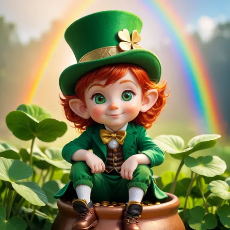 photo shot of a small cute irish leprechaun fairy child with red hair,green clothes,green top hat,sitting on a huge shamrock,next to a pot of gold,rainbow backgroun,warm light, intricate, massive, award-winning, intricate details,