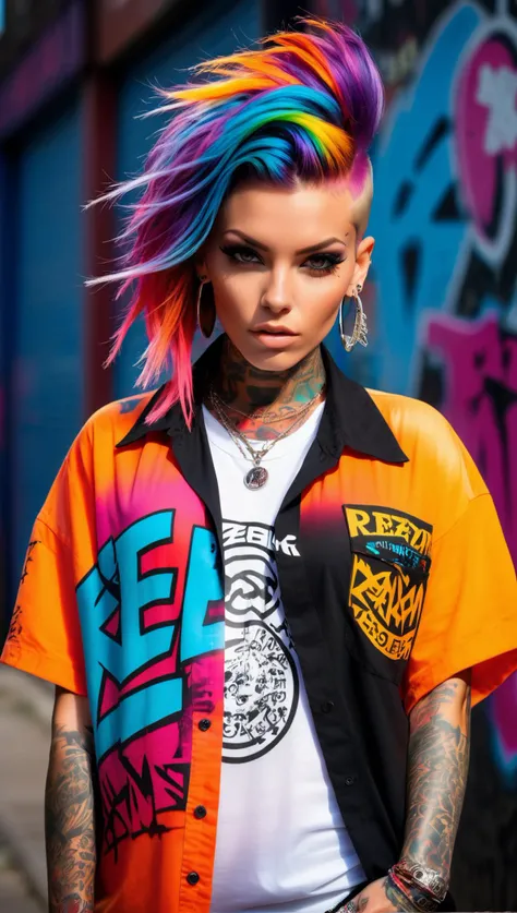 upper body portrait,raw essence of a tattooed street style icon,rebellious energy,wearing oversized shirt  with logos,vibrant graffiti as backdrop,edgy fashion,sense,confident gaze,colorful hair,light beams streaming through haze,