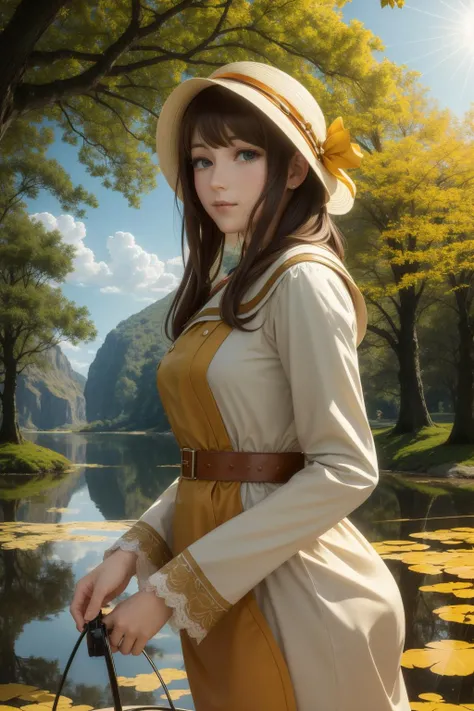 a woman in a hat and dress holding a purse near a lake