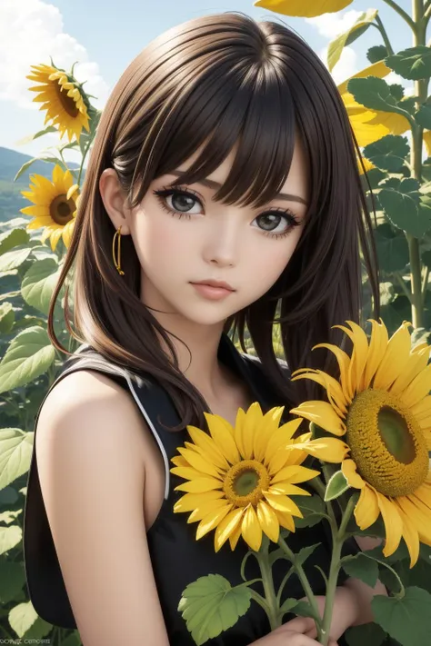 a woman holding a sunflower in front of a field of sunflowers