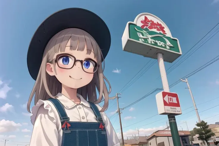 masterpiece, best quality,ultra detail, girl,girl focus,glasses,smile,close up,hungry,sawayaka, storefront,sign, <lora:sawayaka_ex_SD15_V2:0.7>throng,road sign, real world location, blue sky, utility pole, lamppost,crowd