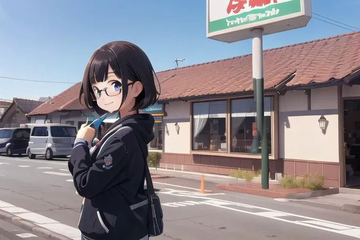 masterpiece, best quality,ultra detail, girl,girl focus,glasses,smile,shiny eyes,from side,close up,hungry,sawayaka, (storefront),sign, store<lora:sawayaka_ex_SD15_V2:0.7>throng,road sign, real world location, blue sky, utility pole, lamppost,crowd guest