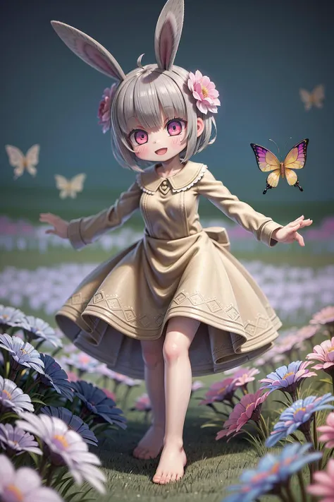 (masterpiece, best quality),(1girl),rabbit ears,Clear background,ultra detailed,cinematic lighting,intricate details,(warm light),(((Colorful butterflies are flying))),(specular light:1.2),(flower field background:1.4),Smile,Silver Hair,Barefoot,medium bre...