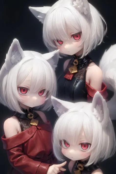 three dolls of a woman with white hair and red eyes