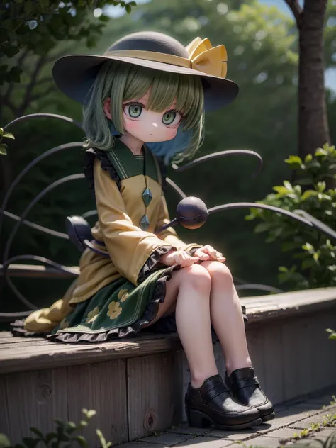 AS-YoungerV2,fullbody,kawaii,cute face,bangs,realistic,dynamic side lighting,(best quality,masterpiece,extremely detailed,hi res:1), outdoors,wild,sitting,hands on knees,1girl,solo,komeiji koishi,hat,hat bow,green hair,green eyes,yellow shirt,green skirt,l...