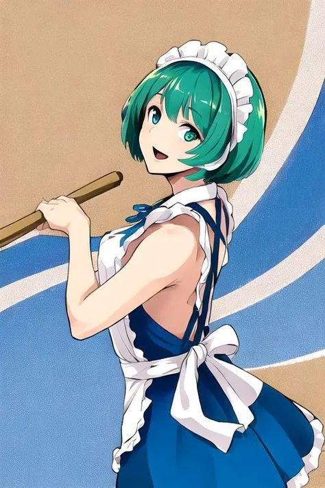 anime girl with green hair holding a baseball bat in her hand