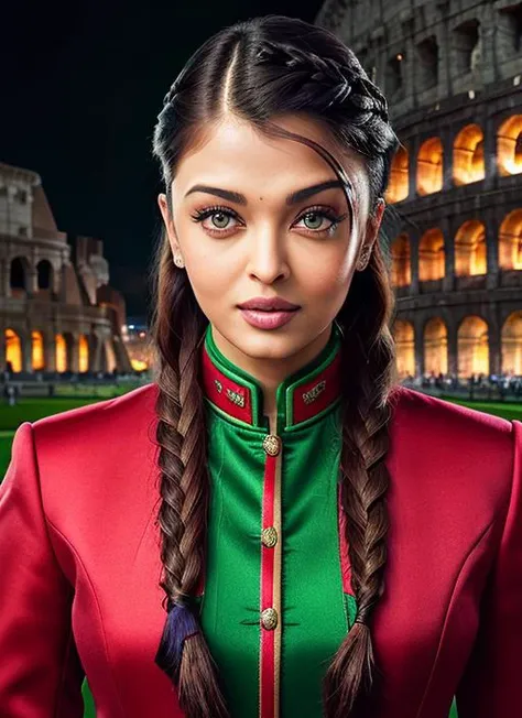 portrait of aishwarya rai, naughty_face , wearing tailored , with green side braid, background colosseum, epic (photo, studio li...