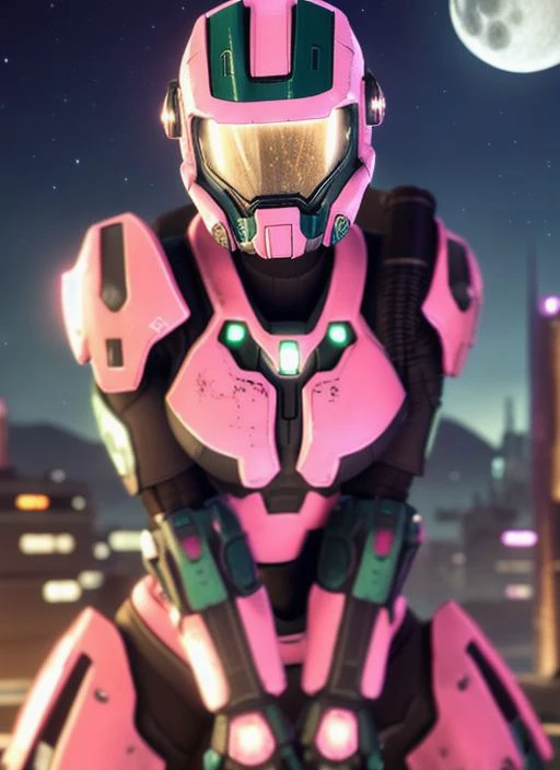 a close up of a pink and black robot standing in front of a full moon