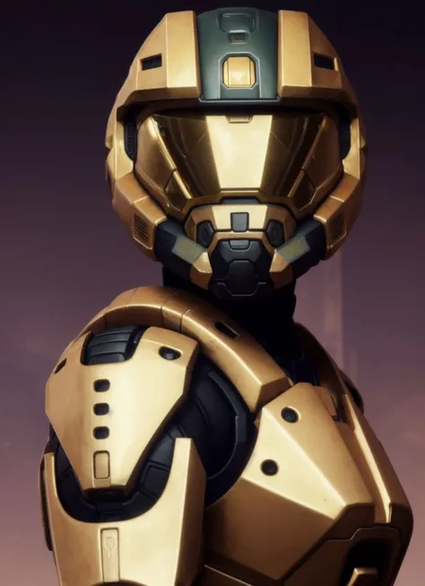 a close up of a gold and black robot with a helmet