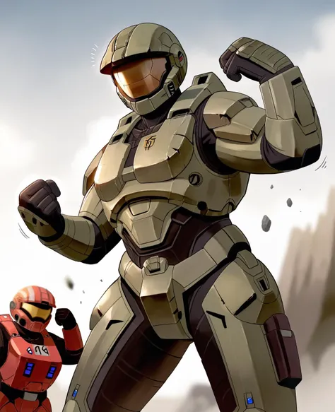 halo combat suit and red helmet standing next to each other